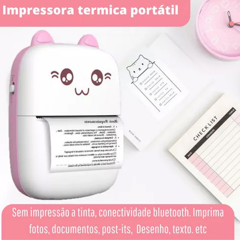 Mini Impressora Termica Portatil Gatinho- Rosa -Claro e Branco