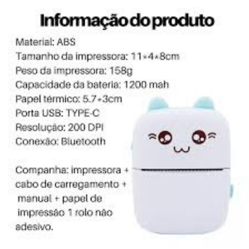 Mini Impressora Termica Portatil Gatinho- Azul Claro e Branco